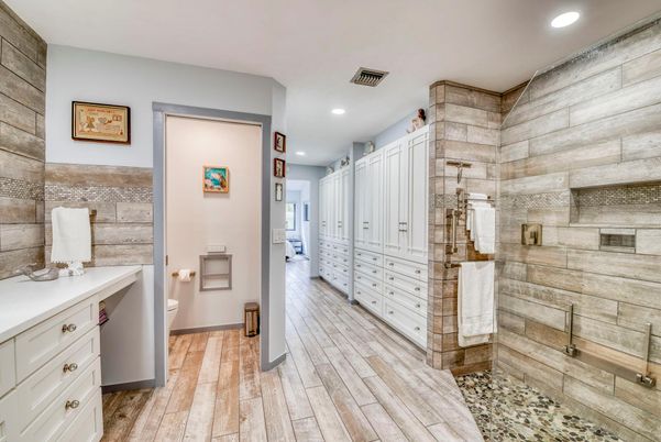 Bathroom, Interior, Recessed Lighting, Wood Texture Flooring, Wooden Walls