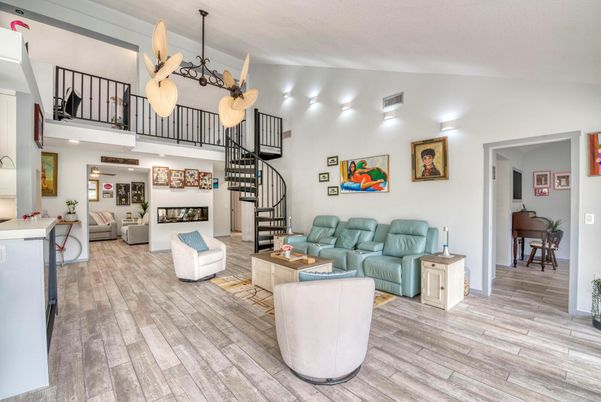 Fireplace, Interior, Living room, Pendant Lights, Wood Texture Flooring