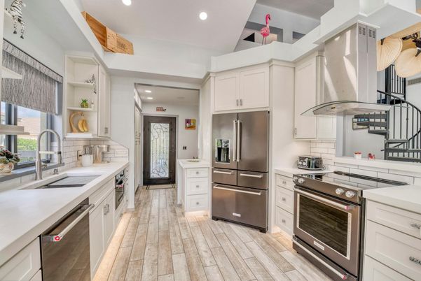 Interior, Kitchen, Recessed Lighting, Stainless Steel Appliances, Wood Texture Flooring