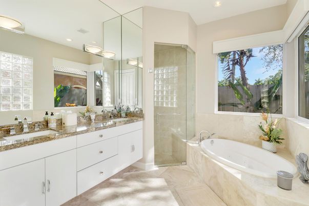 Bathroom, Dual Sink Vanities, Glass Shower, Interior, Recessed Lighting