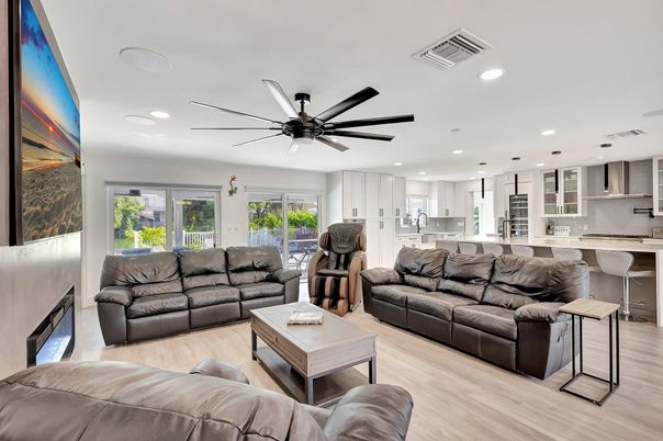 Interior, Kitchen, Living room, Pendant Lights, Recessed Lighting, Wood Texture Flooring
