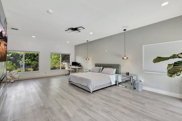 Bedroom, Interior, Pendant Lights, Recessed Lighting, Wood Texture Flooring