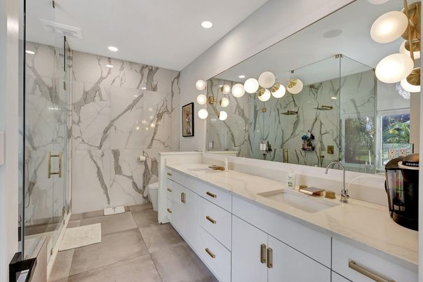 Bathroom, Dual Sink Vanities, Glass Shower, Interior, Marble Walls, Recessed Lighting