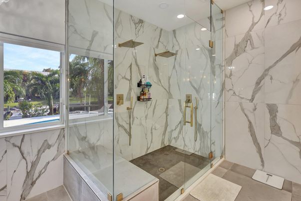 Bathroom, Glass Shower, Interior, Marble Walls, Recessed Lighting