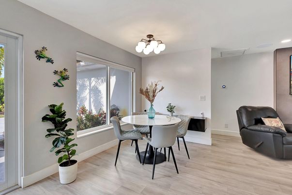 Dining room, Interior, Recessed Lighting, Wood Texture Flooring