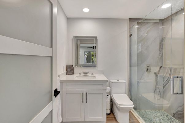 Bathroom, Glass Shower, Interior, Recessed Lighting, Wood Texture Flooring