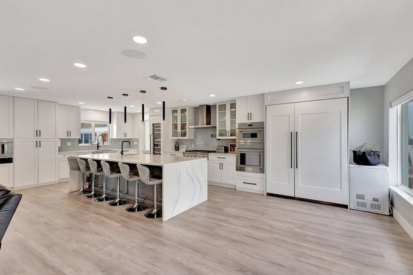 Interior, Kitchen, Pendant Lights, Recessed Lighting, Stainless Steel Appliances, Wood Texture Flooring