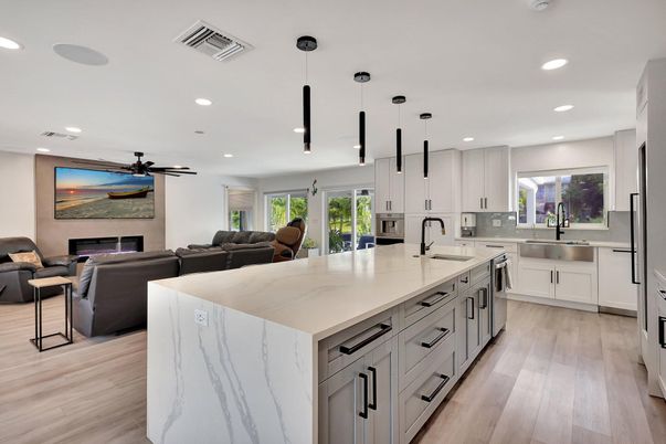 Fireplace, Interior, Kitchen, Living room, Pendant Lights, Recessed Lighting, Stainless Steel Appliances, Wood Texture Flooring