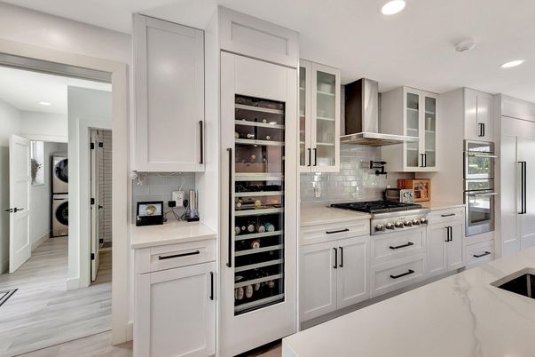 Interior, Kitchen, Recessed Lighting, Stainless Steel Appliances, Washer, Wood Texture Flooring