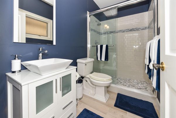 Bathroom, Glass Shower, Interior, Wood Texture Flooring