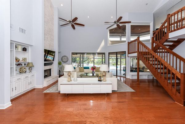 Fireplace, Interior, Living room, Recessed Lighting, Wood Texture Flooring