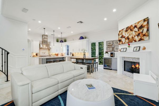 Fireplace, Interior, Kitchen, Living room, Pendant Lights, Recessed Lighting