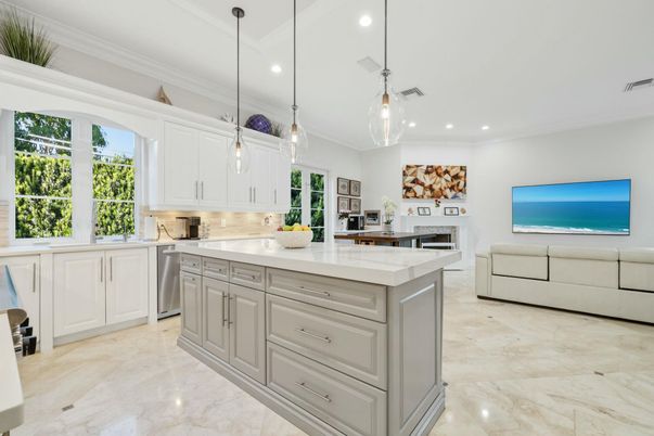 Fireplace, Interior, Kitchen, Pendant Lights, Recessed Lighting, Stainless Steel Appliances