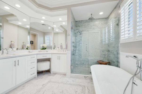 Bathroom, Dual Sink Vanities, Free Standing Baths, Glass Shower, Interior, Marble, Marble Walls, Recessed Lighting