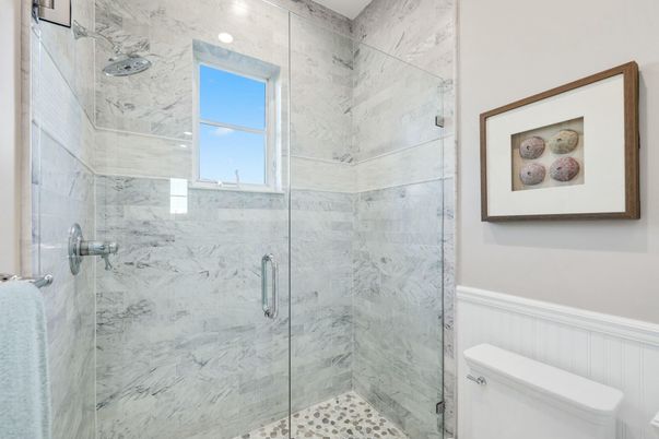 Bathroom, Glass Shower, Interior, Marble Walls, Recessed Lighting