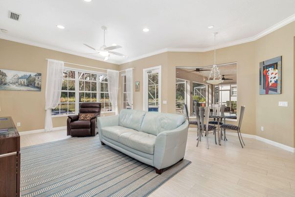 Dining room, Interior, Living room, Pendant Lights, Recessed Lighting, Wood Texture Flooring