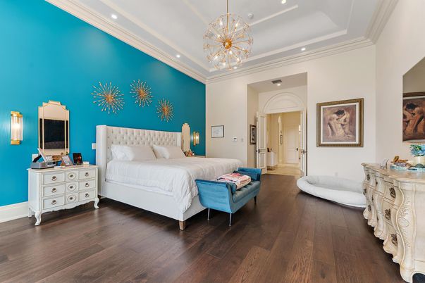 Bedroom, Interior, Pendant Lights, Recessed Lighting, Wood Texture Flooring