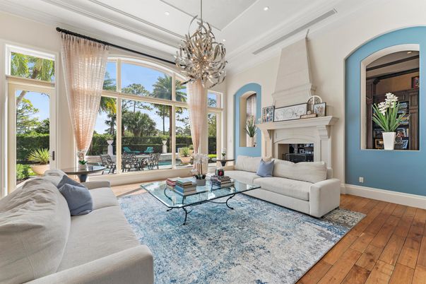 Chandelier, Fireplace, Interior, Living room, Recessed Lighting, Wood Texture Flooring