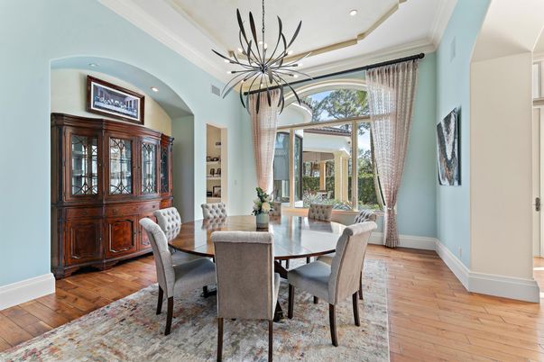 Dining room, Interior, Pendant Lights, Recessed Lighting, Wood Texture Flooring
