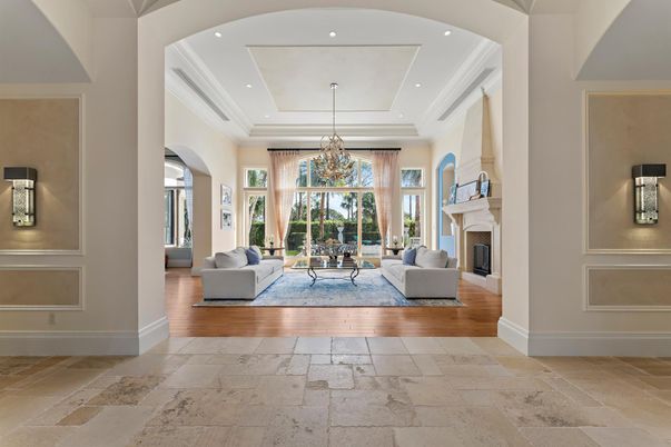 Chandelier, Fireplace, Interior, Living room, Recessed Lighting, Wood Texture Flooring