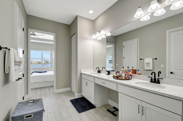 Bathroom, Bedroom, Dual Sink Vanities, Interior, Recessed Lighting, Wood Texture Flooring