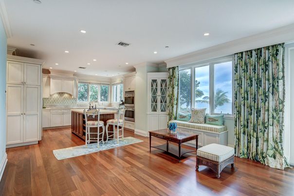 Interior, Kitchen, Living room, Recessed Lighting, Stainless Steel Appliances, Water, Wood Texture Flooring