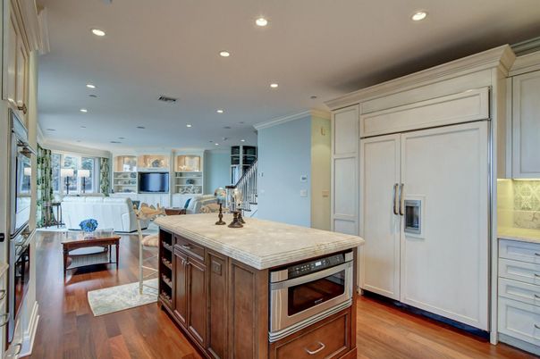 Dining room, Interior, Kitchen, Living room, Recessed Lighting, Stainless Steel Appliances, Wood Texture Flooring