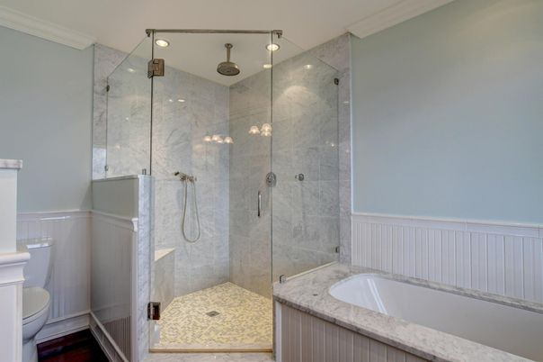 Bathroom, Glass Shower, Interior, Marble Walls, Recessed Lighting