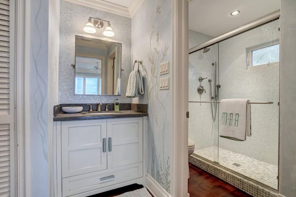 Bathroom, Glass Shower, Interior, Recessed Lighting, Wood Texture Flooring