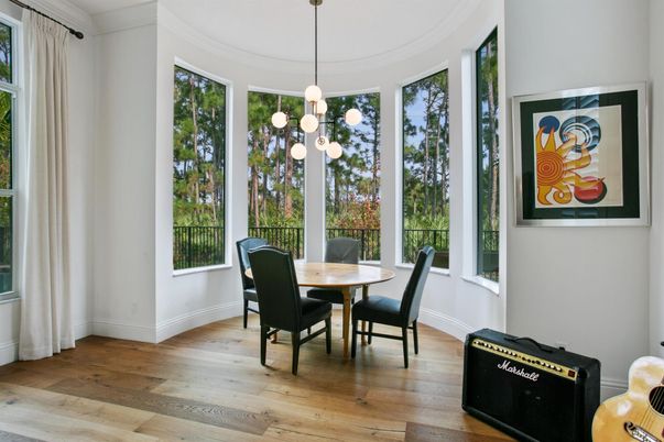 Dining room, Interior, Pendant Lights, Wood Texture Flooring