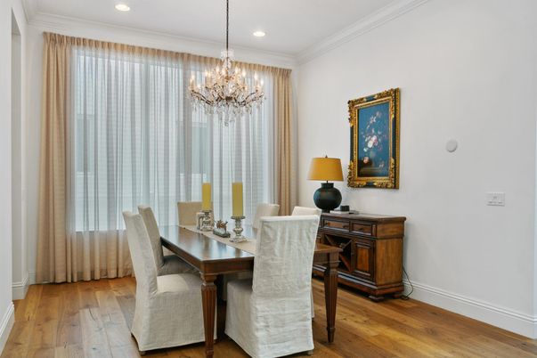 Chandelier, Dining room, Interior, Recessed Lighting, Wood Texture Flooring