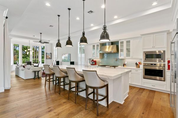 Dining room, Interior, Kitchen, Living room, Pendant Lights, Recessed Lighting, Stainless Steel Appliances, Wood Texture Flooring