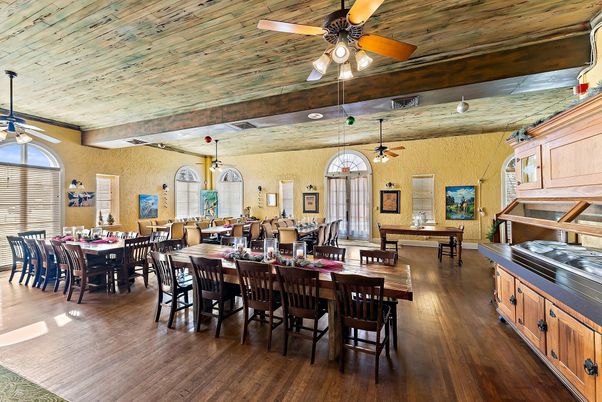 Dining room, Interior, Pendant Lights, Wooden Beams, Wood Texture Flooring
