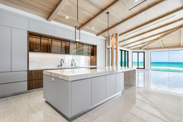 Interior, Kitchen, Marble Walls, Pendant Lights, Recessed Lighting, Water, Wooden Beams, Wooden Ceilings