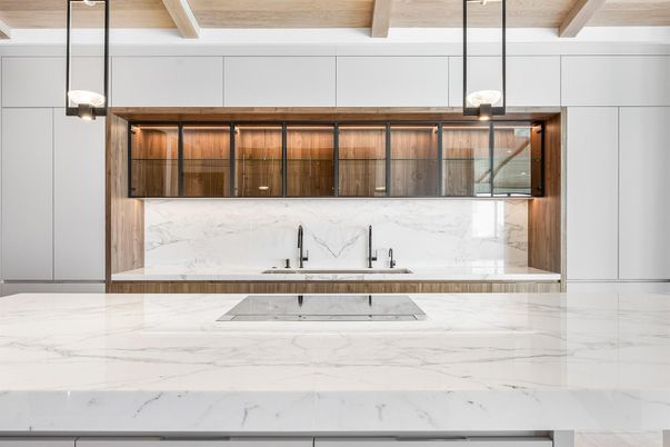 Bathroom, Interior, Marble Walls, Pendant Lights, Wooden Beams