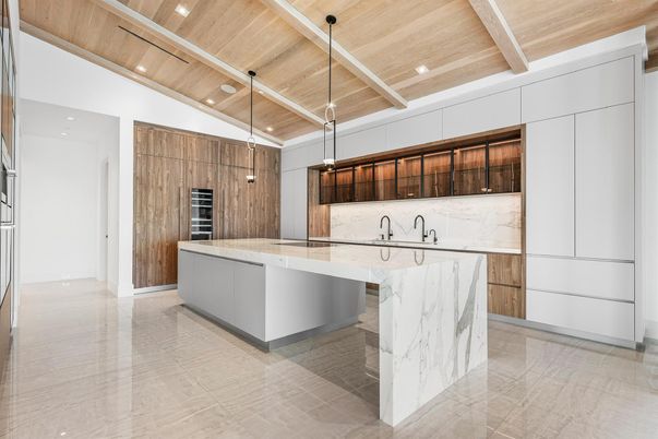 Interior, Kitchen, Marble Walls, Pendant Lights, Recessed Lighting, Wooden Beams, Wooden Ceilings