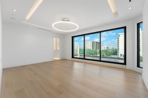 Empty room, Interior, Pendant Lights, Recessed Lighting, Wood Texture Flooring