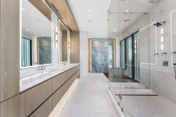 Bathroom, Glass Shower, Interior, Marble, Marble Walls, Recessed Lighting