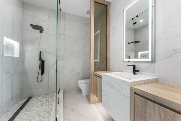 Bathroom, Glass Shower, Interior, Marble, Marble Walls