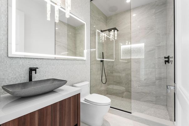 Bathroom, Glass Shower, Interior, Marble Walls, Recessed Lighting