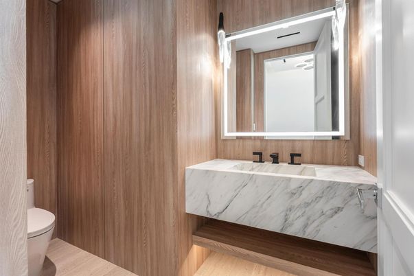 Bathroom, Interior, Marble Walls, Wood Texture Flooring