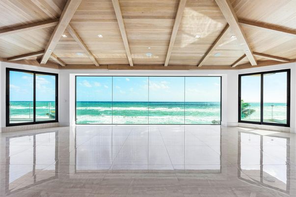 Empty room, Interior, Recessed Lighting, Water, Wooden Beams, Wooden Ceilings