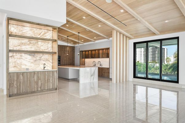 Interior, Kitchen, Marble Walls, Pendant Lights, Recessed Lighting, Wooden Ceilings
