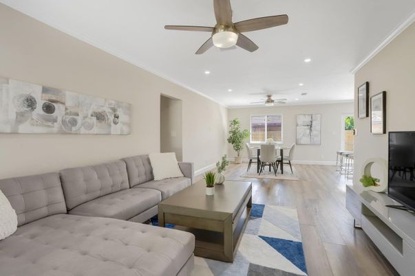 Dining room, Interior, Living room, Recessed Lighting, Wood Texture Flooring