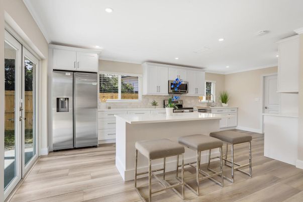 Interior, Kitchen, Recessed Lighting, Stainless Steel Appliances, Wood Texture Flooring