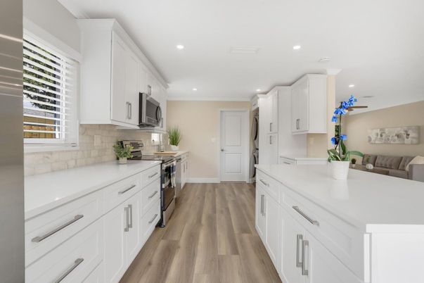 Interior, Kitchen, Recessed Lighting, Stainless Steel Appliances, Wood Texture Flooring