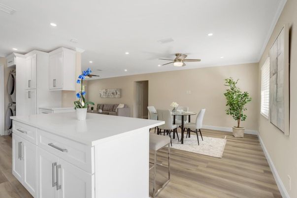 Dining room, Interior, Kitchen, Recessed Lighting, Wood Texture Flooring
