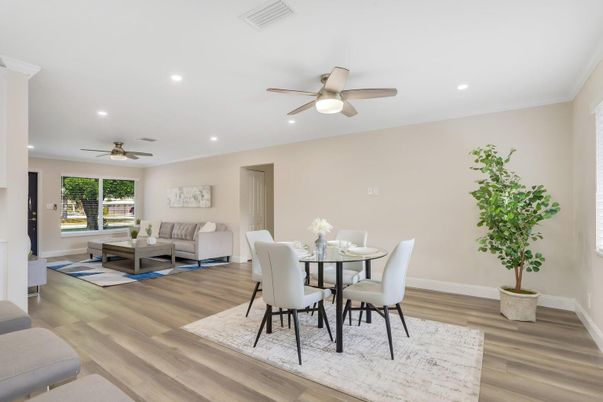 Dining room, Interior, Living room, Recessed Lighting, Wood Texture Flooring