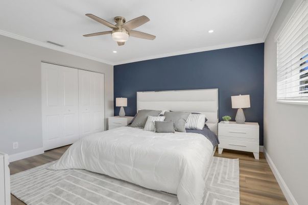 Bedroom, Interior, Recessed Lighting, Wood Texture Flooring