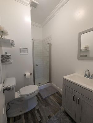 Bathroom, Glass Shower, Interior, Wood Texture Flooring
